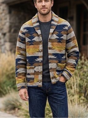 Junk Food Clothing Southwestern Aztec Print Cardigan Jacket XL Grey Blue Yellow